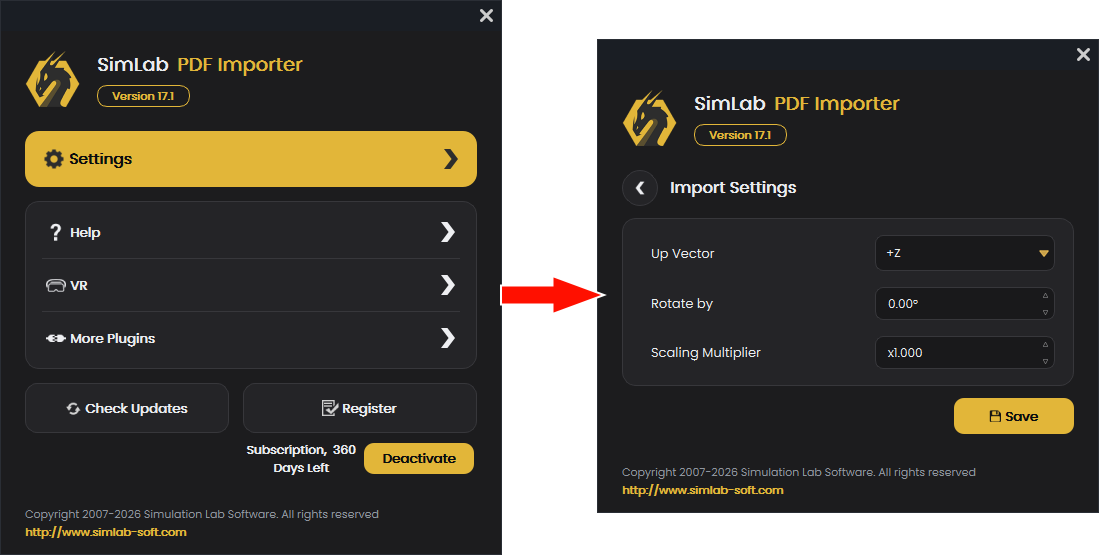 Finestra delle impostazioni dell'Importatore PDF SimLab con moltiplicatore di scala, vettore verticale e angolo di rotazione